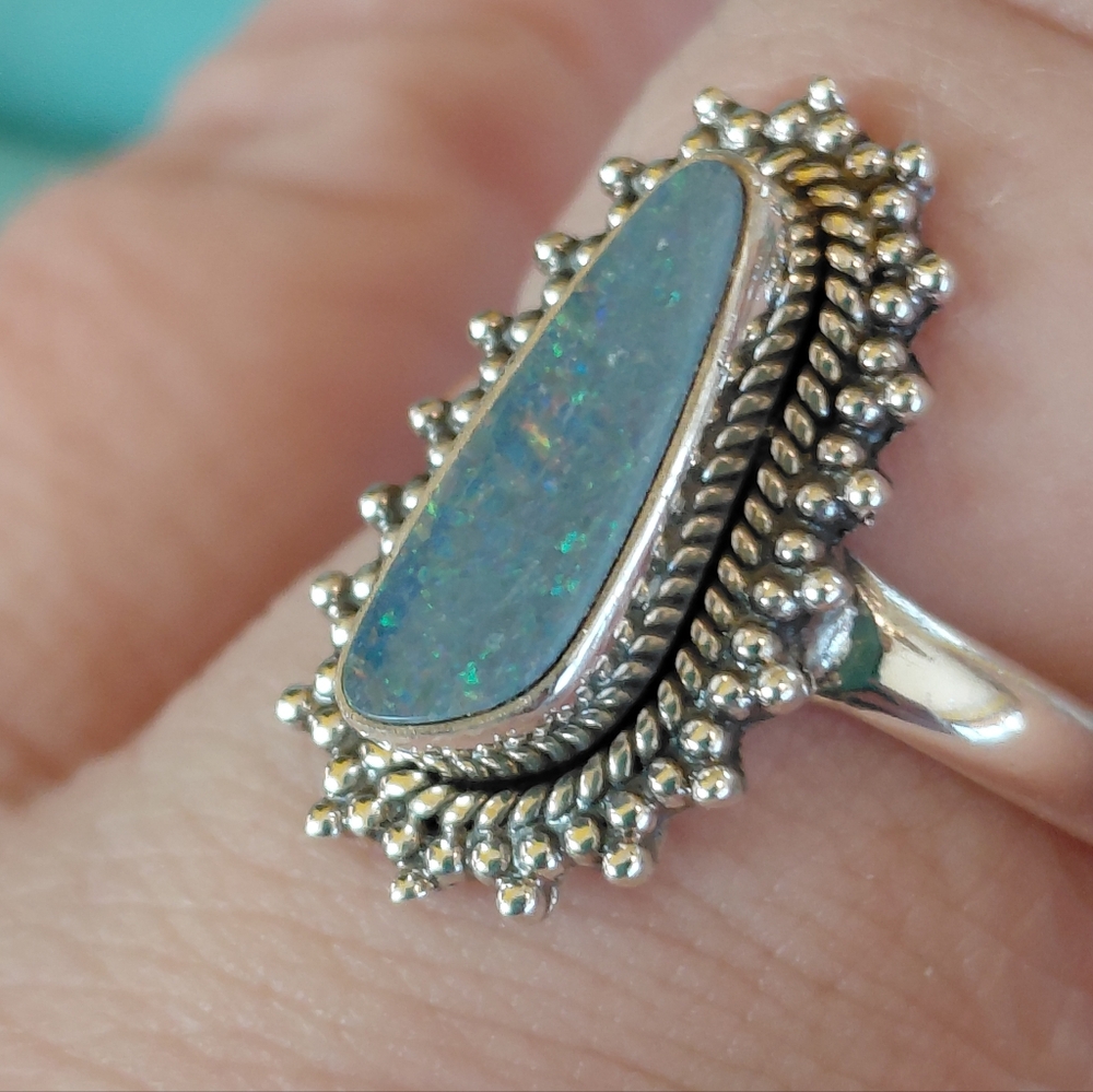 Sterling Silver Australian Opal Teardrop Ring Size 6.75 - Picture 12 of 14